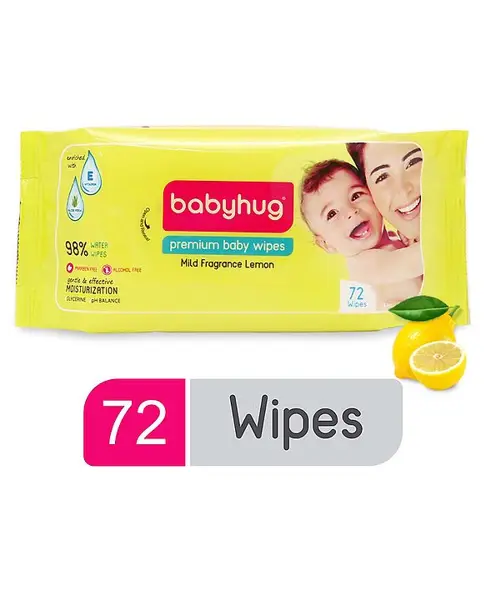 Babyhug Premium 98% Water Baby Wet Wipes with Lemon Scent - 72 Pieces