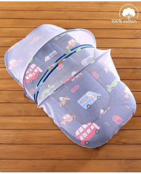 Babyhug Cotton Bedding Set with Mosquito Net City Buzz Print - Navy Blue