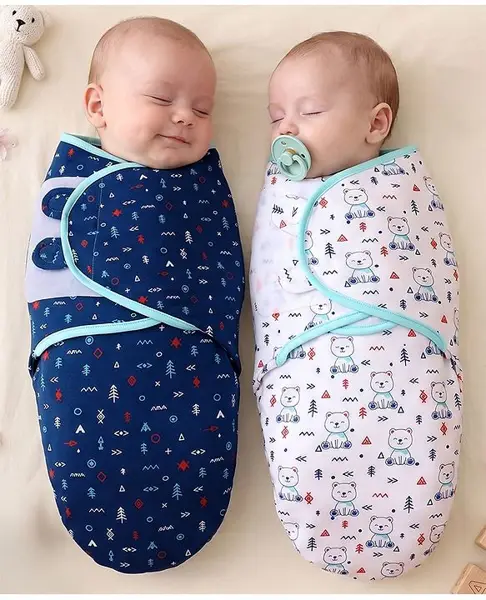 Babyhug 100% Cotton Swaddle Wrapper Printed Set of 2 - White & Blue