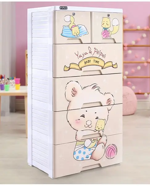 Babyhug 5 Layers High Density Plastic Storage Cabinate Teddy Print With Wheels - Cream