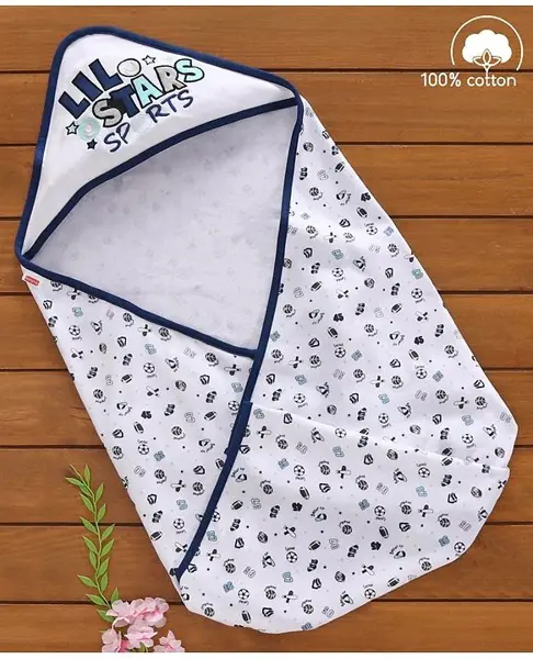 Babyhug 100% Cotton Hooded Wrapper Sports Print - Blue