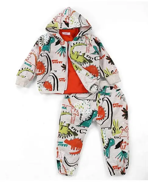 Kookie Kids Cotton Full Sleeves Tee With Hooded Jacket & Lounge Pant Animal Print - White & Red