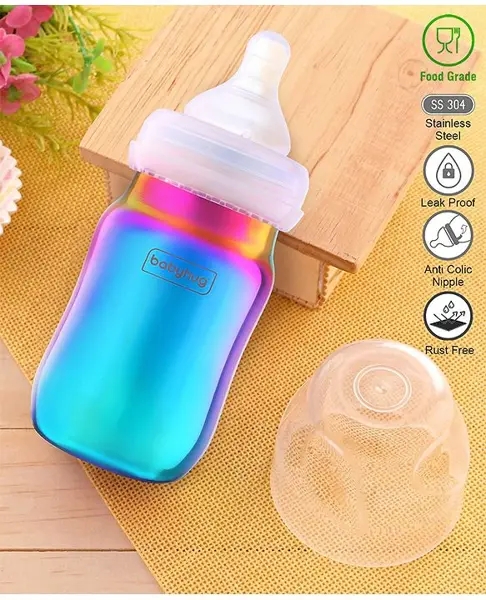 Babyhug Stainless Steel Feeding Bottle with Leak-Proof Cap & Silicone Nipple Rainbow 200 ml