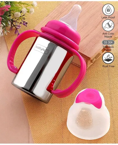 Babyhug Stainless Steel Feeding Bottle with Twin Handle Pink - 150 ml