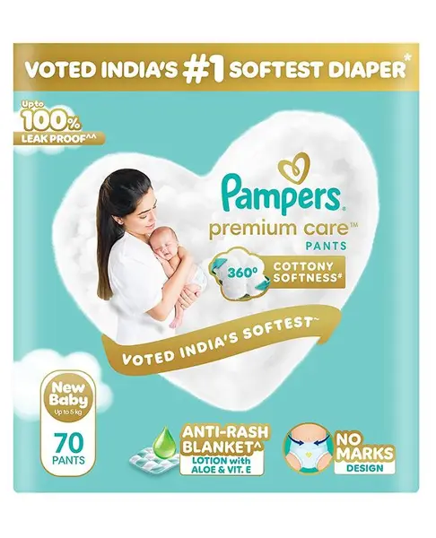 Pampers Premium Care Pants  New Born  Extra Small size baby diapers (NB XS)  70 count  Softest ever Pampers