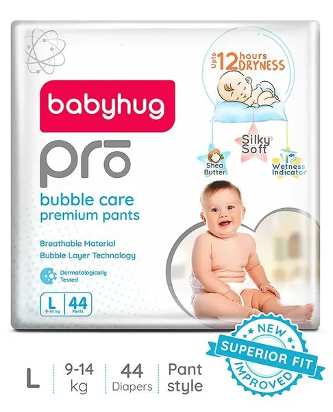 Babyhug Pro Bubble Care Premium Pant Style Diaper Large (L) Size - 44 Pieces - New & Improved Superior Fit