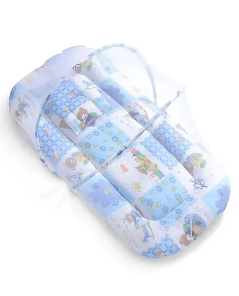 Babyhug Cotton Blend Mosquito Net With Mattress And Pillow Blue - Multi Print