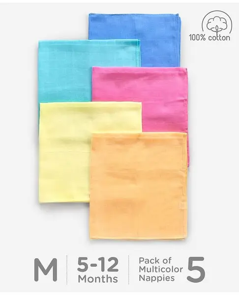 Babyhug Square Cotton Muslin Nappy Set Medium Pack Of 5 - Multicolor