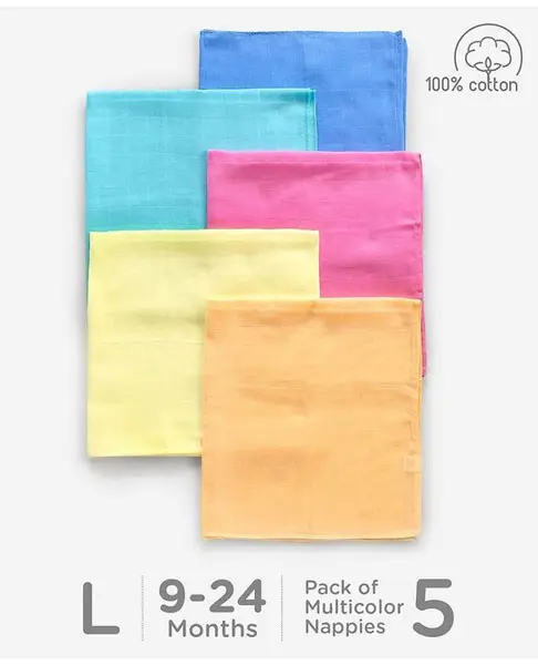 Babyhug Square Cotton Muslin Nappy Set Large Pack Of 5 - Multicolor