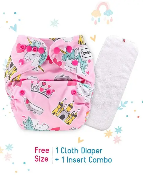 Babyhug Free Size Reusable Cloth Diaper With Insert Unicorn Print - Pink