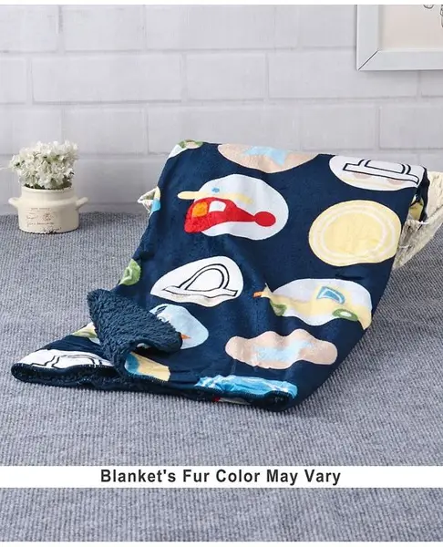 Babyhug Sherin & Poly Wool All Season Blanket Vehicle Design - Blue (Blankets Fur Color May Vary)