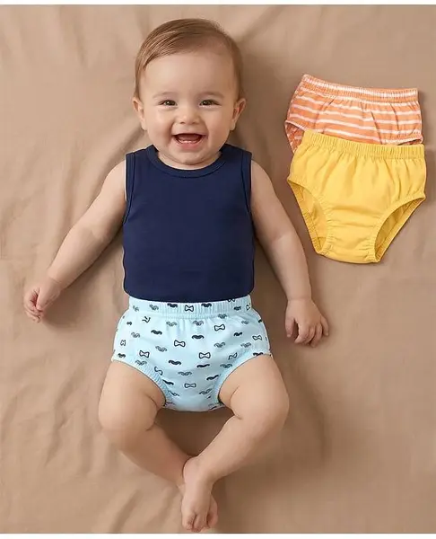 Babyoye Cotton Antibacterial Finish Briefs Moustache Print Pack of 3 - Yellow Blue Orange