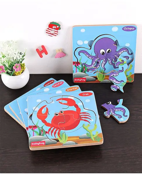Babyhug Blossoms Aquatic Animal Theme Wooden 4piece Board Puzzles Set of 5 - Multicolor