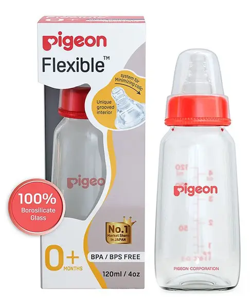 Pigeon Glass Feeding Bottle with Nipples Red - 120 ml