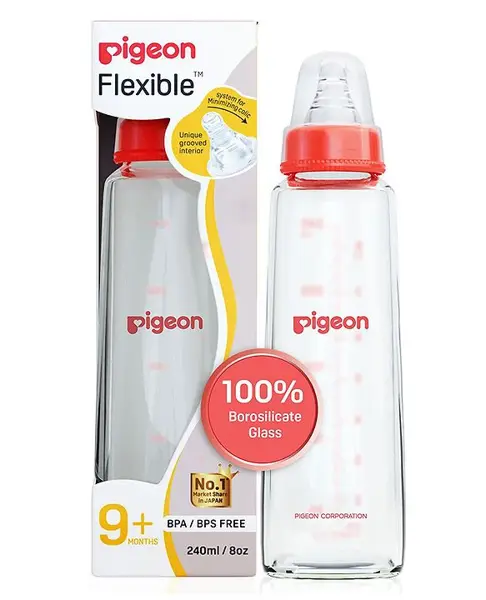 Pigeon Glass Feeding Bottle with Nipples Red - 240 ml
