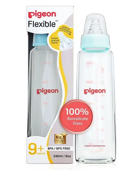 Pigeon Glass Feeding Bottle with Nipples Blue - 240 ml