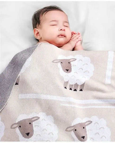 Babyhug Premium Knitted 100% Cotton All Season Blanket Sheep Print - Light Brown