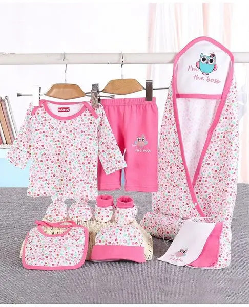 Babyhug 100% Cotton Clothing Gift Set Floral Print Pink - 10 Piece
