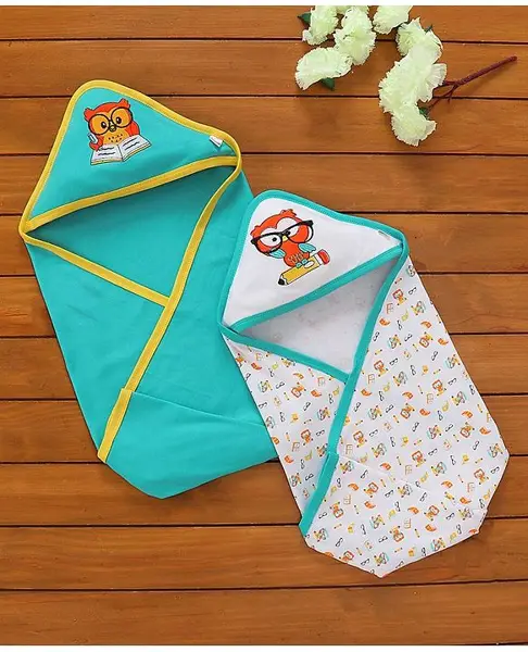 Babyhug Hooded Wrapper Owl Print Pack of 2 - Blue and White