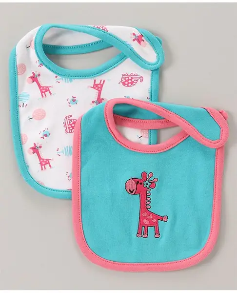 Babyhug Cotton Bib With Velcro Giraffe Print Pack of 2 - Multicolor