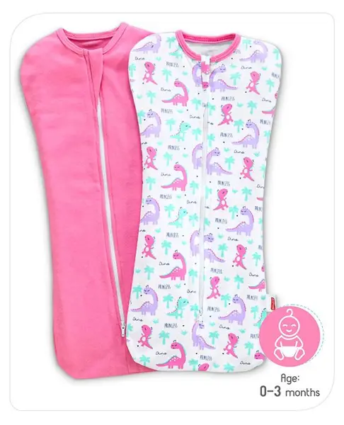 Babyhug Cotton Zipper Swaddle Dino Print Pack of 2 - Pink White