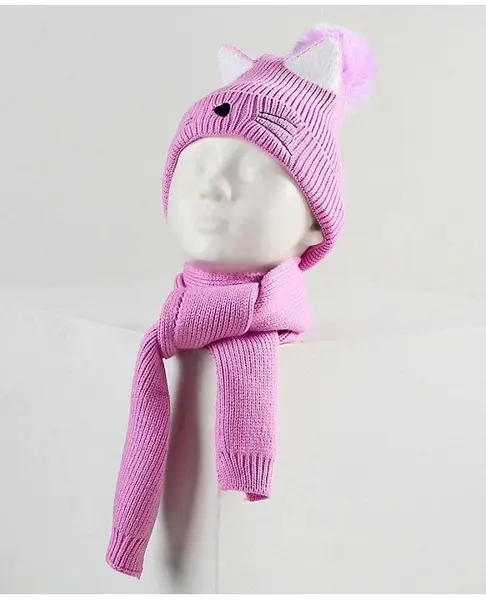 Babyhug Woollen Cap with Scarf Pink - Diameter 11 cm
