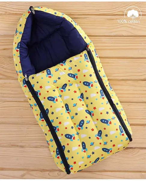 Babyhug 100% Cotton Sleeping Bag cum Carry Nest Space Print - Yellow