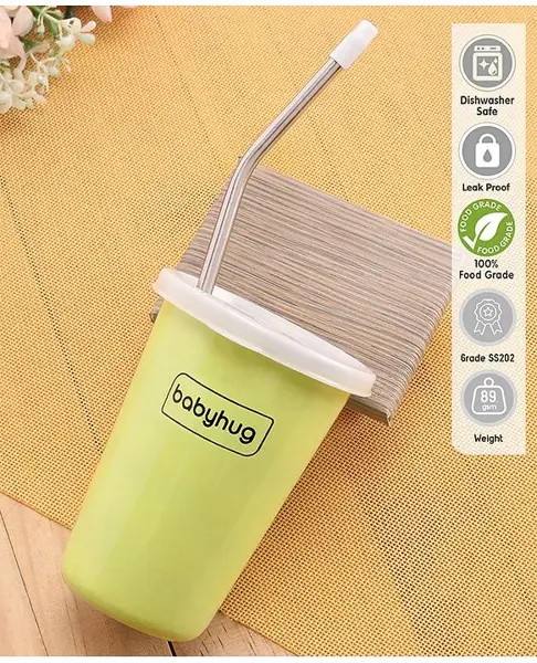 Babyhug Stainless Steel Tumbler With Airtight Lids & Straw  Green - 300 ml
