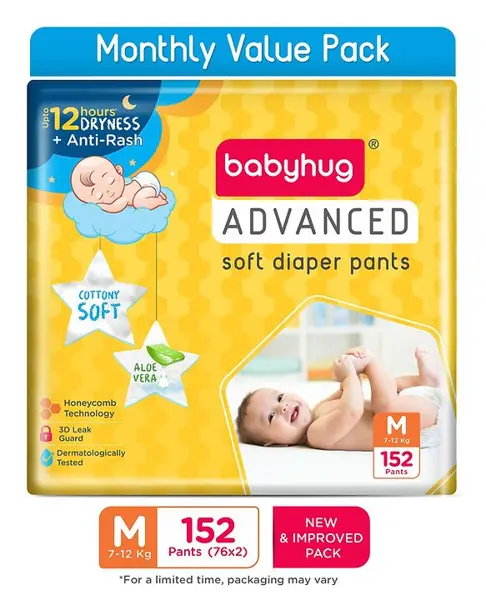 Babyhug Advanced Pant Style Diapers Medium (M) Size Monthly Box Pack - 152 Pieces  Honeycomb Technology  Cottony Soft Diaper with 3D Leak Guard  Latex & Alcohol Free  Anti-rash & Gentle