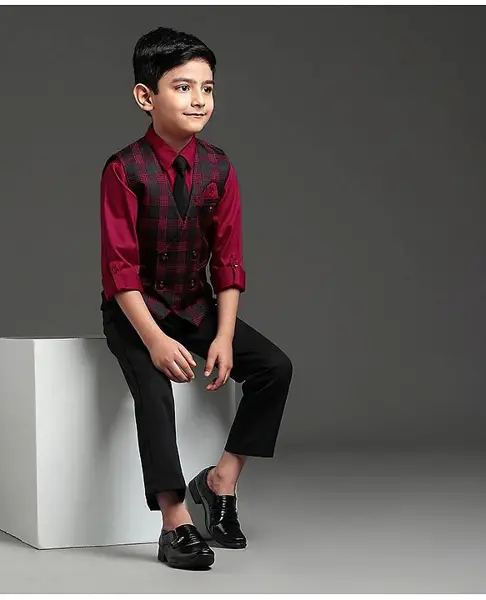 Robo Fry Full Sleeves Checked 3 Piece Party Suit - Red