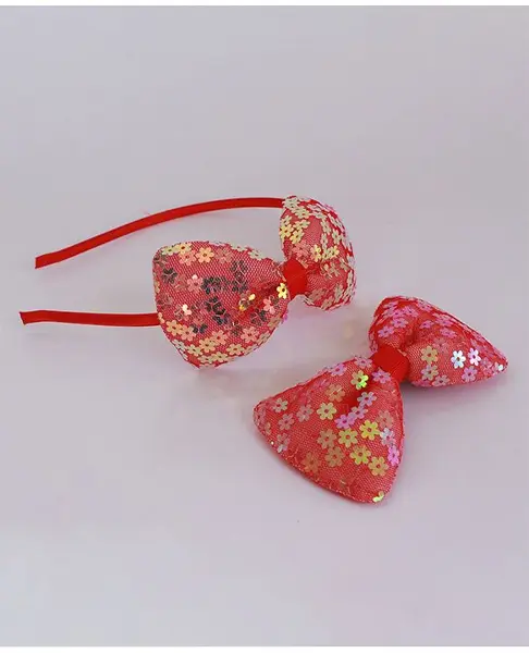 Milyra Sequined Bow Hair Clip With Hair Band - Red
