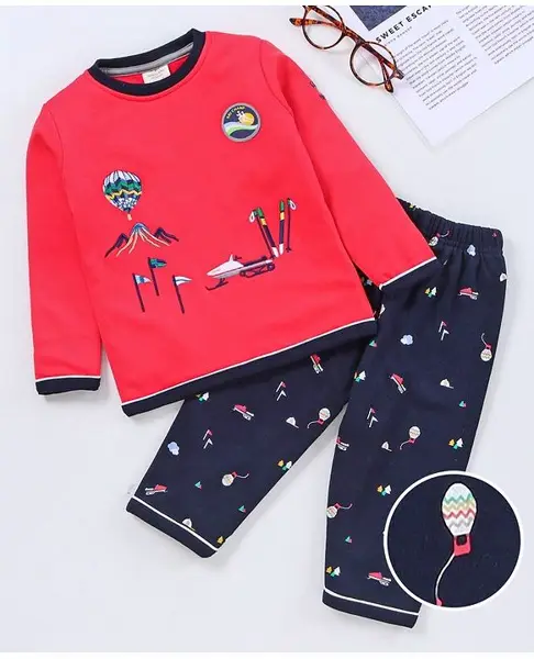 Ollypop Full Sleeves T-Shirt With Lounge Pant Hot Air Balloon Print - Red & Blue