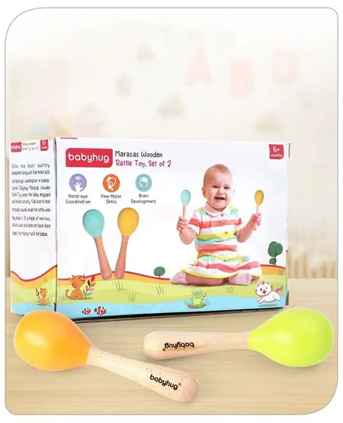 Babyhug Maracas Wooden Rattle Toy Set of 2 - Green Orange