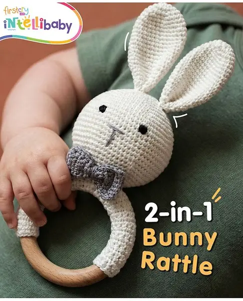 Intellibaby Crochet & Wood Bunny Rattle Level 1 - White